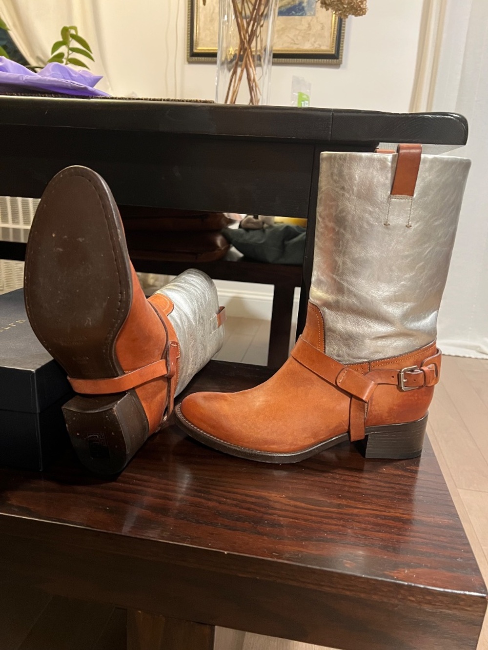 NEW Ralph Lauren Purple Label Silver and Ten Leather Boots Sz. 8 1/2 - Picture 5 of 13